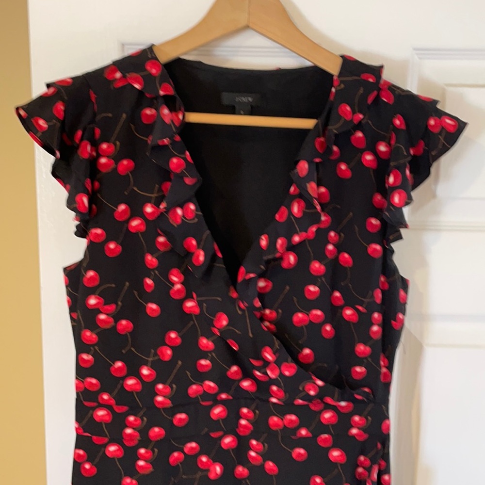 Cherries!!! Faux wrap knee length dress-side zip.
